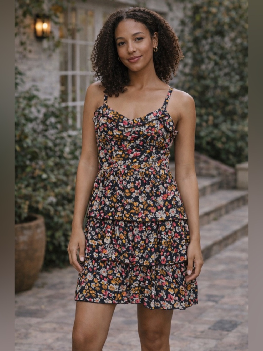 Hinge Dress Gray Floral Sleeveless Mini Tiered Ruffle